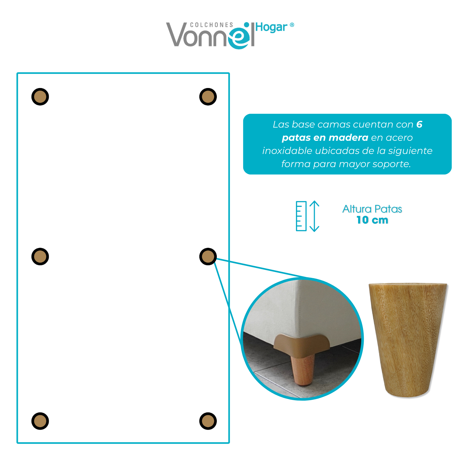 Base Cama Pata Madera 100x190x20, Avellana