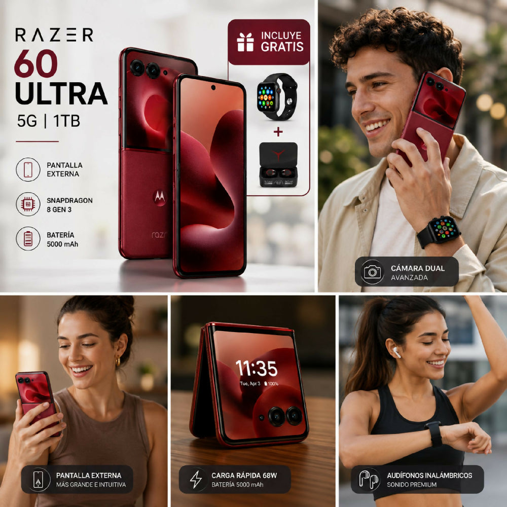 Teléfono Motorola Razr 60 Ultra 1TB Rojo + Kit Regalo Reloj Inteligente Y Audífonos