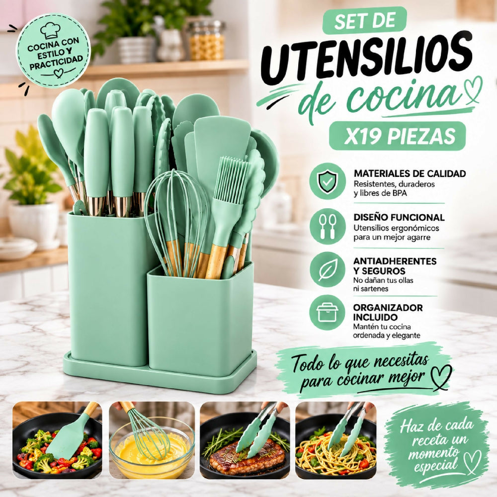 Set De Utensilios Y Cuchillos De 19 Piezas Silicona Antiadherente Y Acero Inoxidable Verde