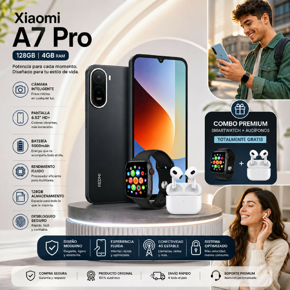 Celular Xiaomi A7 Pro 128GB / 4GB RAM Original Negro + Obsequio Smartwatch Y Audífonos Inalámbricos