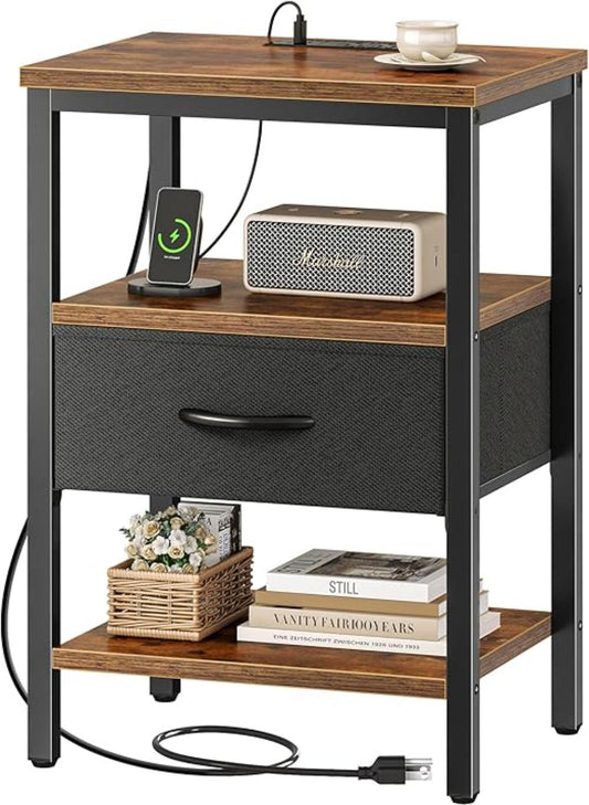 Mesa de Noche con estación de carga, con cajón de tela ajustable, para dormitorio, mesa auxiliar de almacenamiento de 3 niveles