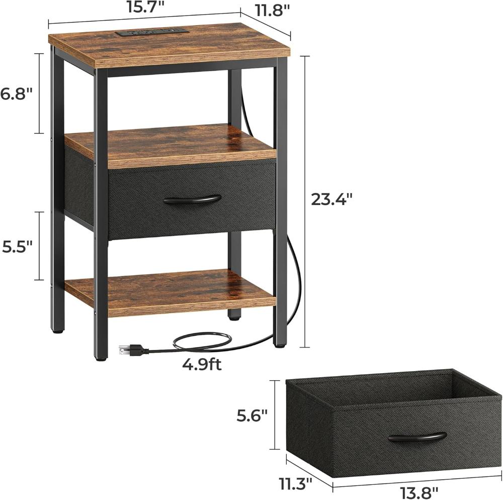 Mesa de Noche con estación de carga, con cajón de tela ajustable, para dormitorio, mesa auxiliar de almacenamiento de 3 niveles