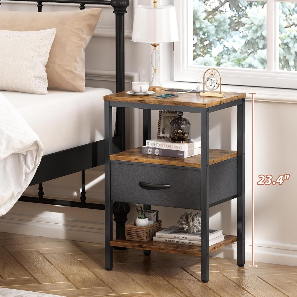 Mesa de Noche con estación de carga, con cajón de tela ajustable, para dormitorio, mesa auxiliar de almacenamiento de 3 niveles