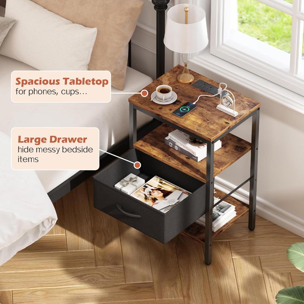 Mesa de Noche con estación de carga, con cajón de tela ajustable, para dormitorio, mesa auxiliar de almacenamiento de 3 niveles