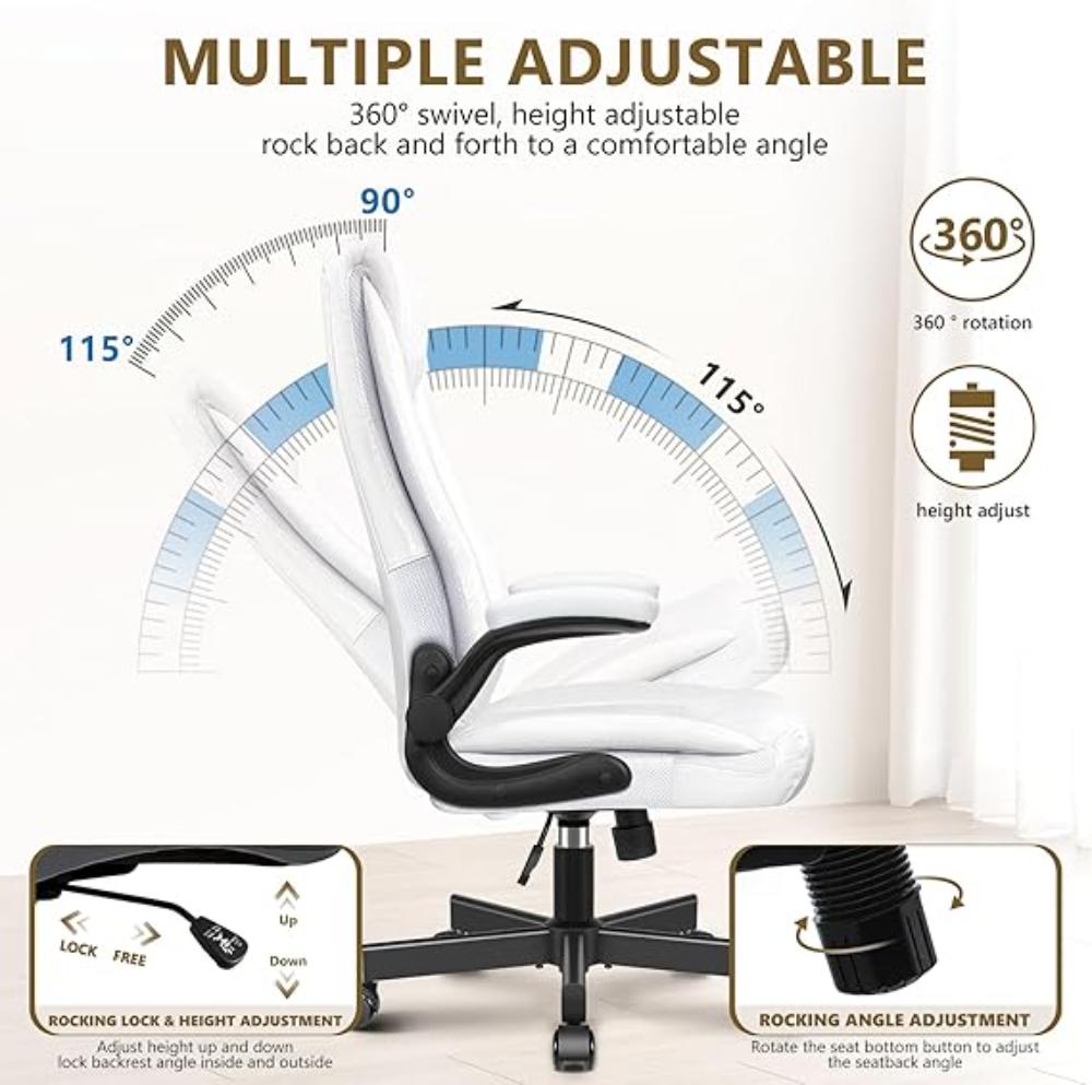 Silla de oficina ejecutiva, Blanco, con brazos abatibles ajustables