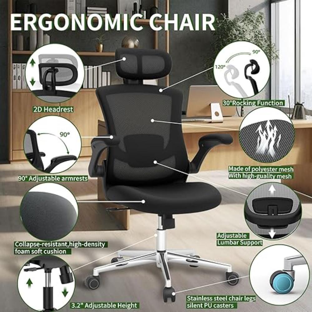 Silla de oficina para espacios pequeños en el hogar, Negro, superficie de poliuretano ajustable con soporte lumbar