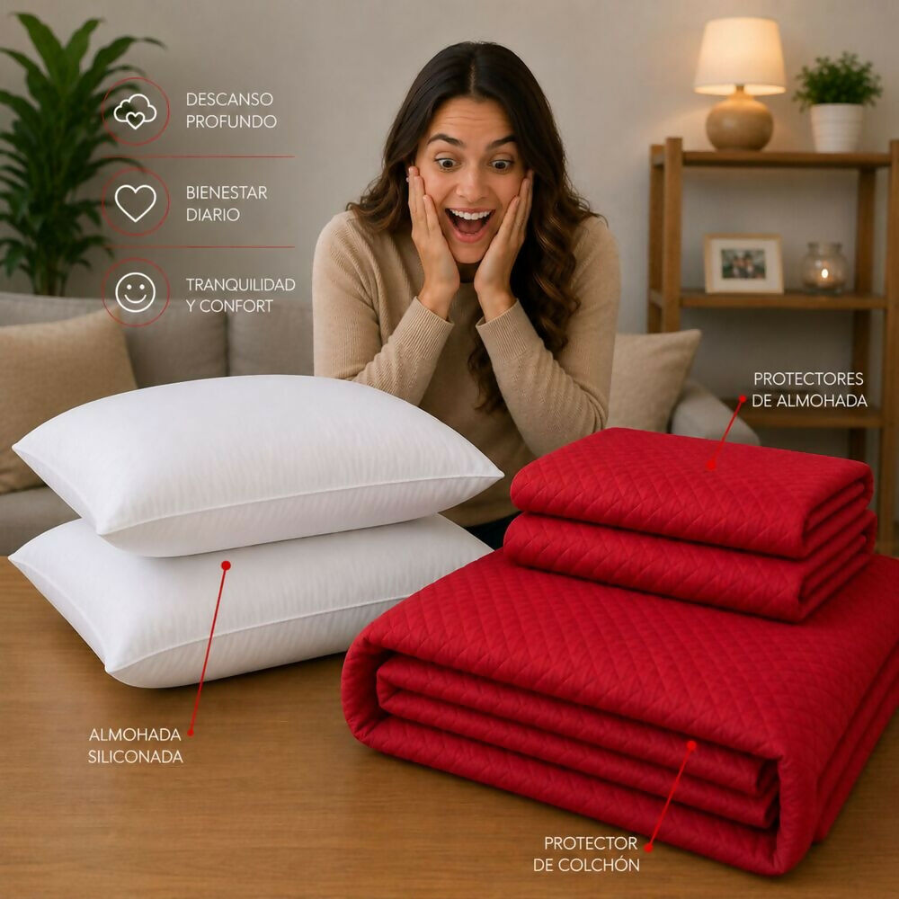 Combo protector colchon + 2 almohadas siliconadas queen rojo