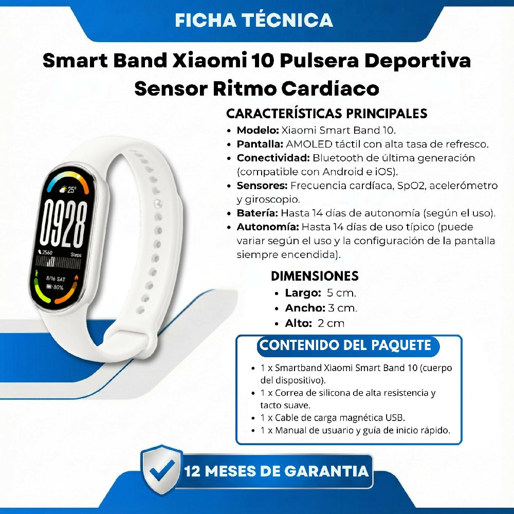 Smart Band Xiaomi 10 Pulsera Deportiva Sensor Ritmo Cardíaco Blanco