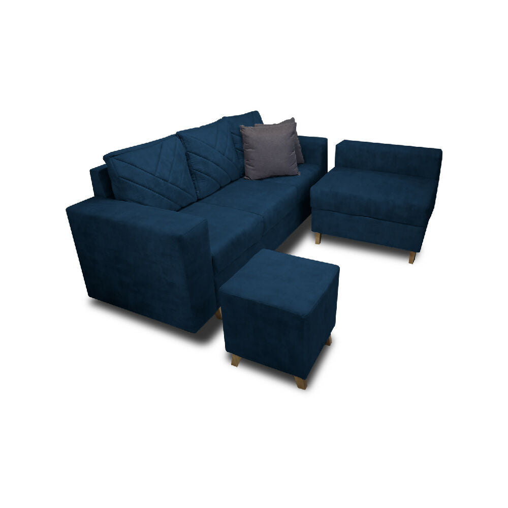 Sala Amsterdam + Silla + Puff en Tela Amiglable Con Mascotas 205X72X155 Cm Azul Petroleo