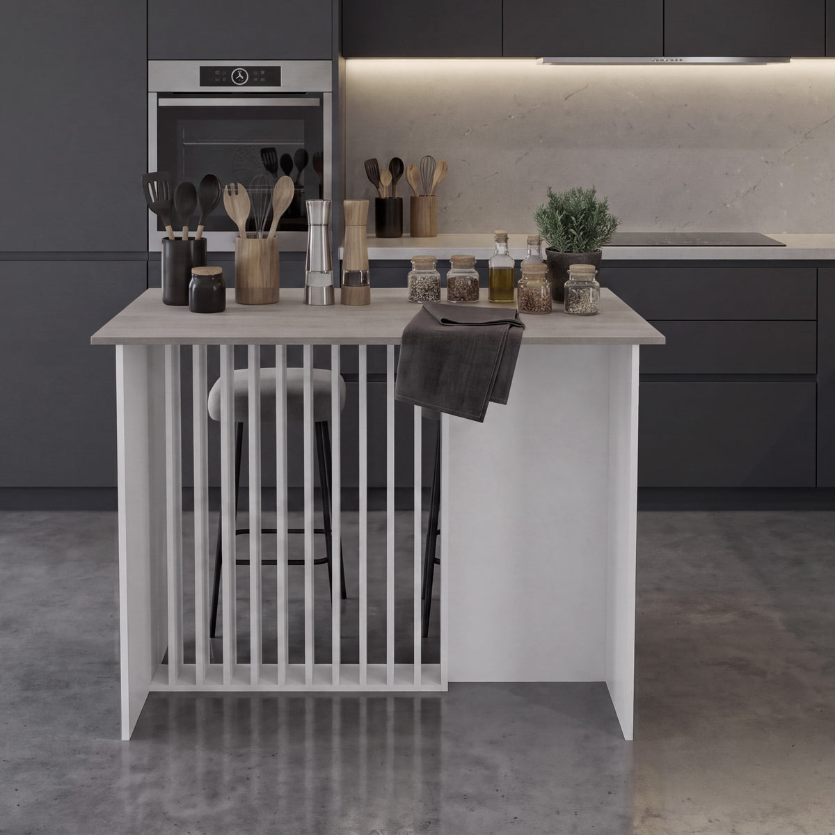 Barra de Cocina Alé, Kronos Blanco y Kronos Cannolo, con Espacio para Ubicar Objetos de Cocina ZF