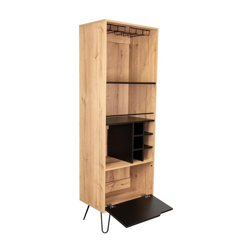 Bar Alto Cleo, Café Claro y Wengue, con con Espacio para Porta Vasos y Botellas, detalle de acabado
