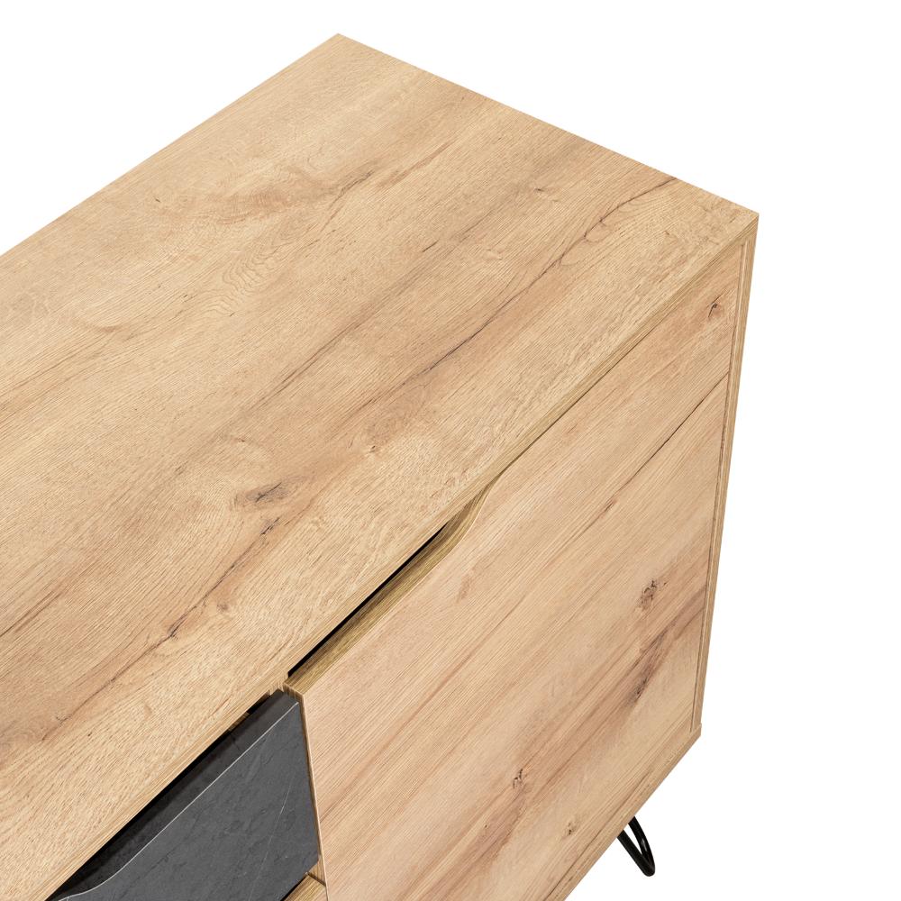 Mesa Auxiliar Recibidor Mónaco, Fresno Europeo y Piedra, con Dos Puertas y un Cajón Extensión Total