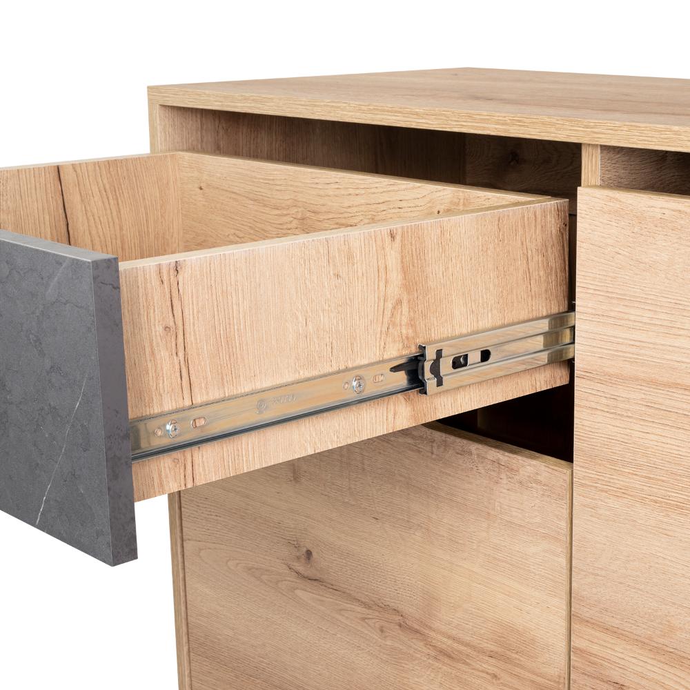 Mesa Auxiliar Recibidor Mónaco, Fresno Europeo y Piedra, con Dos Puertas y un Cajón Extensión Total