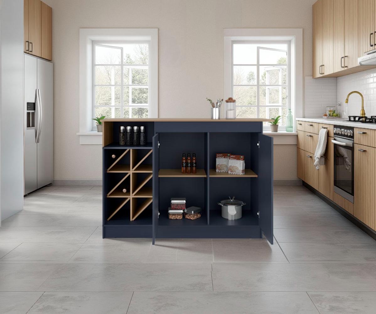 Barra de Cocina Lugano, Fresno Europeo y Kronos Azul, con espacio abierto para objetos decorativos ZF