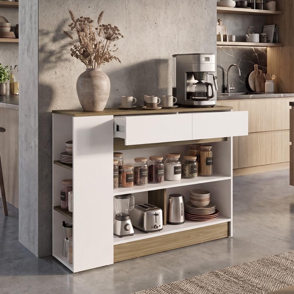 Barra de Cocina Lynton, Fresno Europeo y Blanco, con 2 Cajones para Guardar Utensilios de Cocina ZF