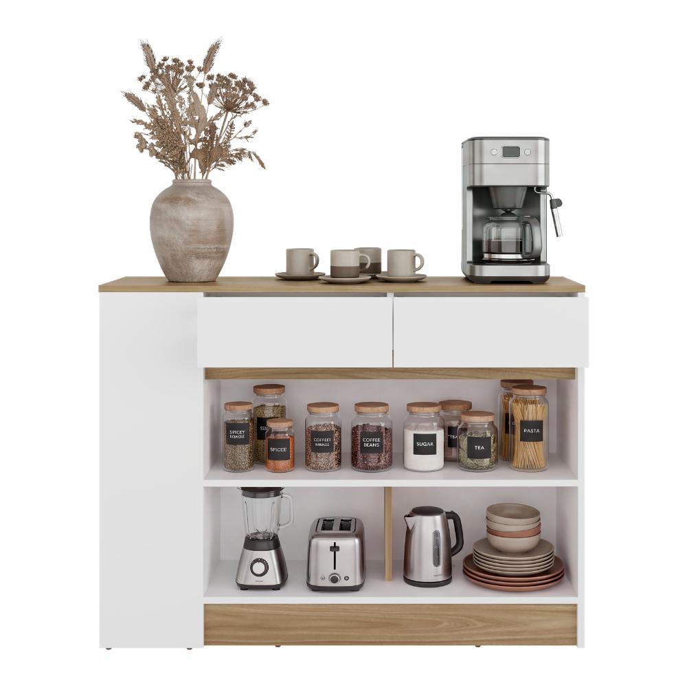 Barra de Cocina Lynton, Fresno Europeo y Blanco, con 2 Cajones para Guardar Utensilios de Cocina ZF