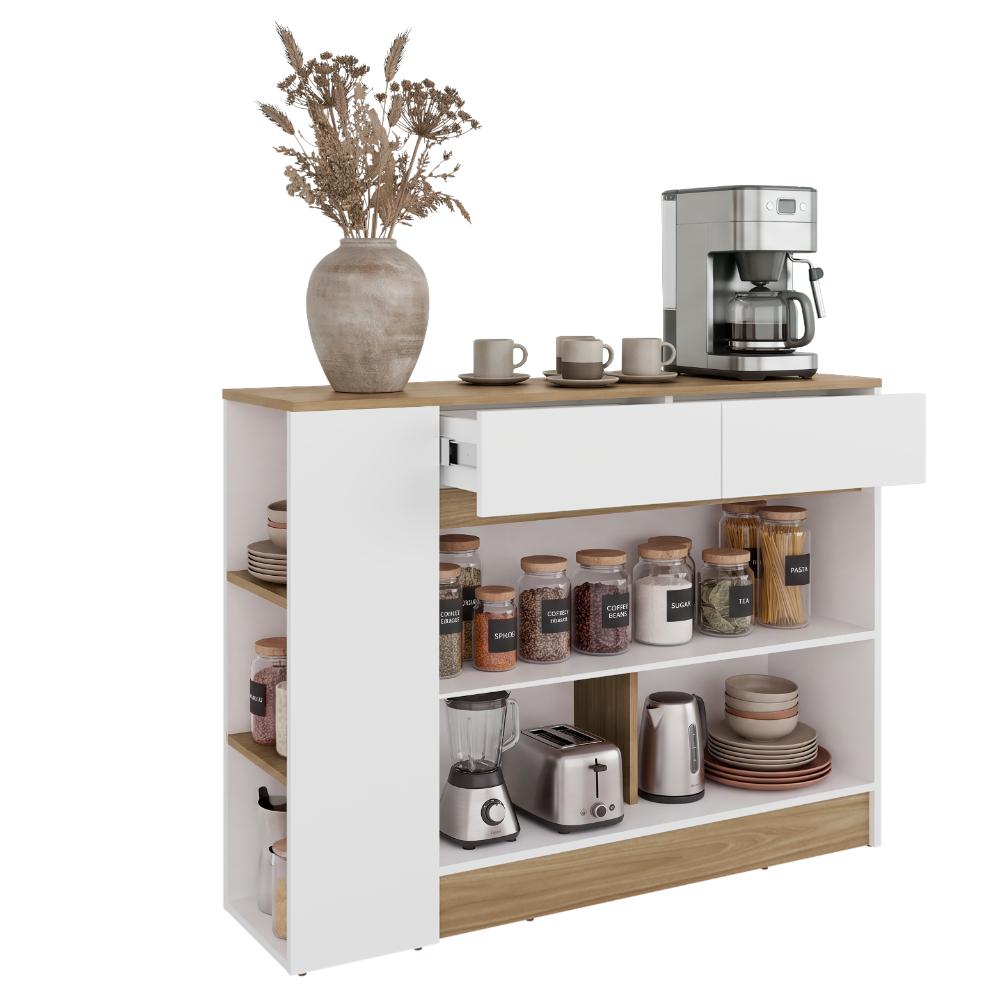 Barra de Cocina Lynton, Fresno Europeo y Blanco, con 2 Cajones para Guardar Utensilios de Cocina ZF