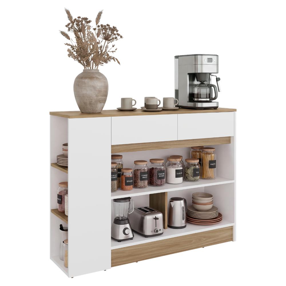 Barra de Cocina Lynton, Fresno Europeo y Blanco, con 2 Cajones para Guardar Utensilios de Cocina ZF