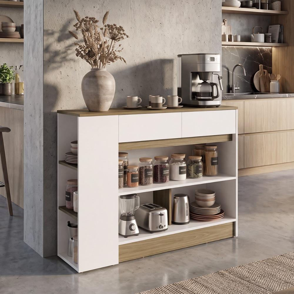 Barra de Cocina Lynton, Fresno Europeo y Blanco, con 2 Cajones para Guardar Utensilios de Cocina ZF