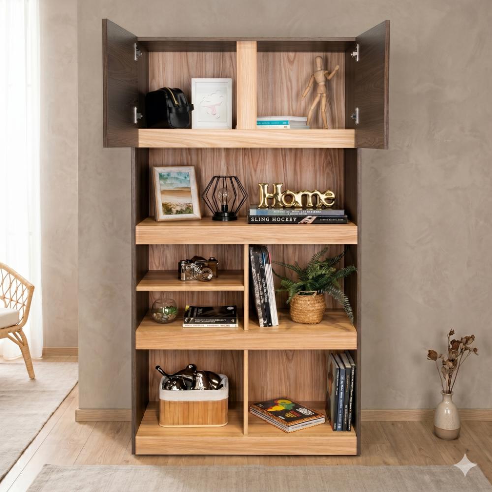 Biblioteca Taira, Nogal y Fresno Europeo, con Dos Puertas Batientes y Variedad de Entrepaños