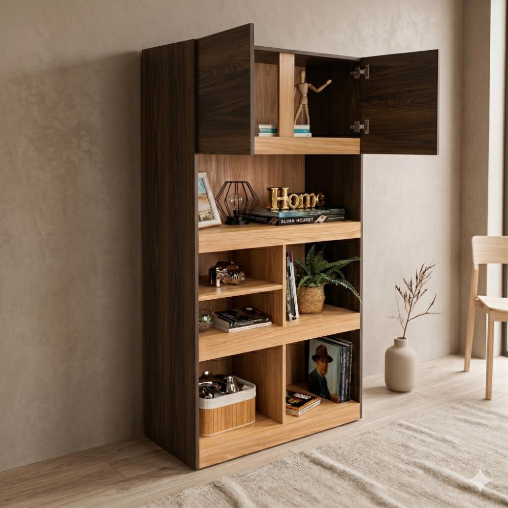 Biblioteca Taira, Nogal y Fresno Europeo, con Dos Puertas Batientes y Variedad de Entrepaños