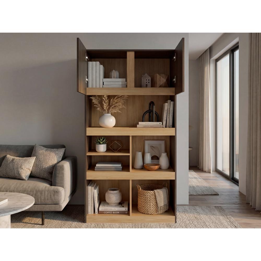 Biblioteca Taira, Nogal y Fresno Europeo, con Dos Puertas Batientes y Variedad de Entrepaños