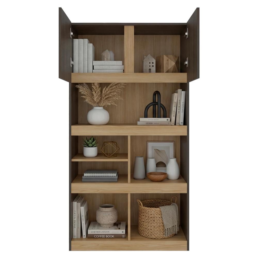 Biblioteca Taira, Nogal y Fresno Europeo, con Dos Puertas Batientes y Variedad de Entrepaños