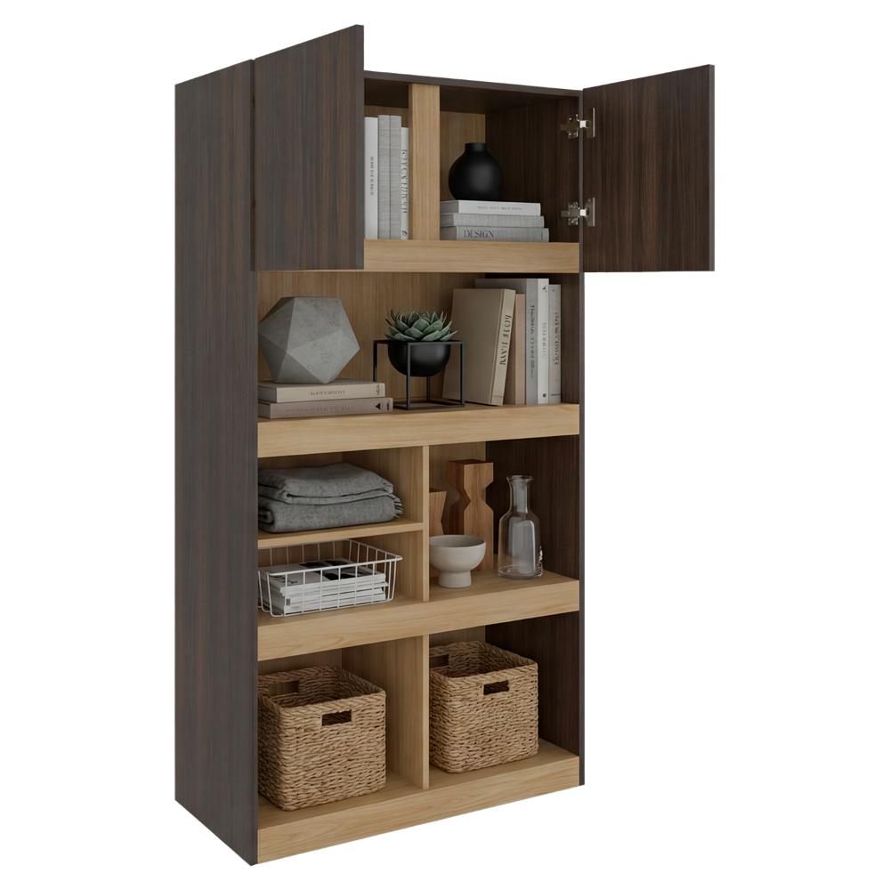 Biblioteca Taira, Nogal y Fresno Europeo, con Dos Puertas Batientes y Variedad de Entrepaños