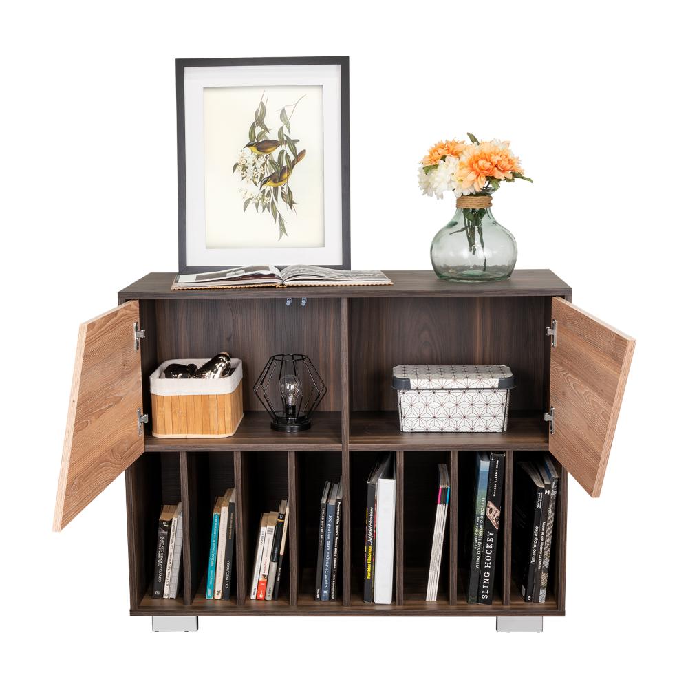 Mueble Auxiliar Orus, Caoba y Miel, con Patas En Acero y Espacio Para Objetos Decorativos