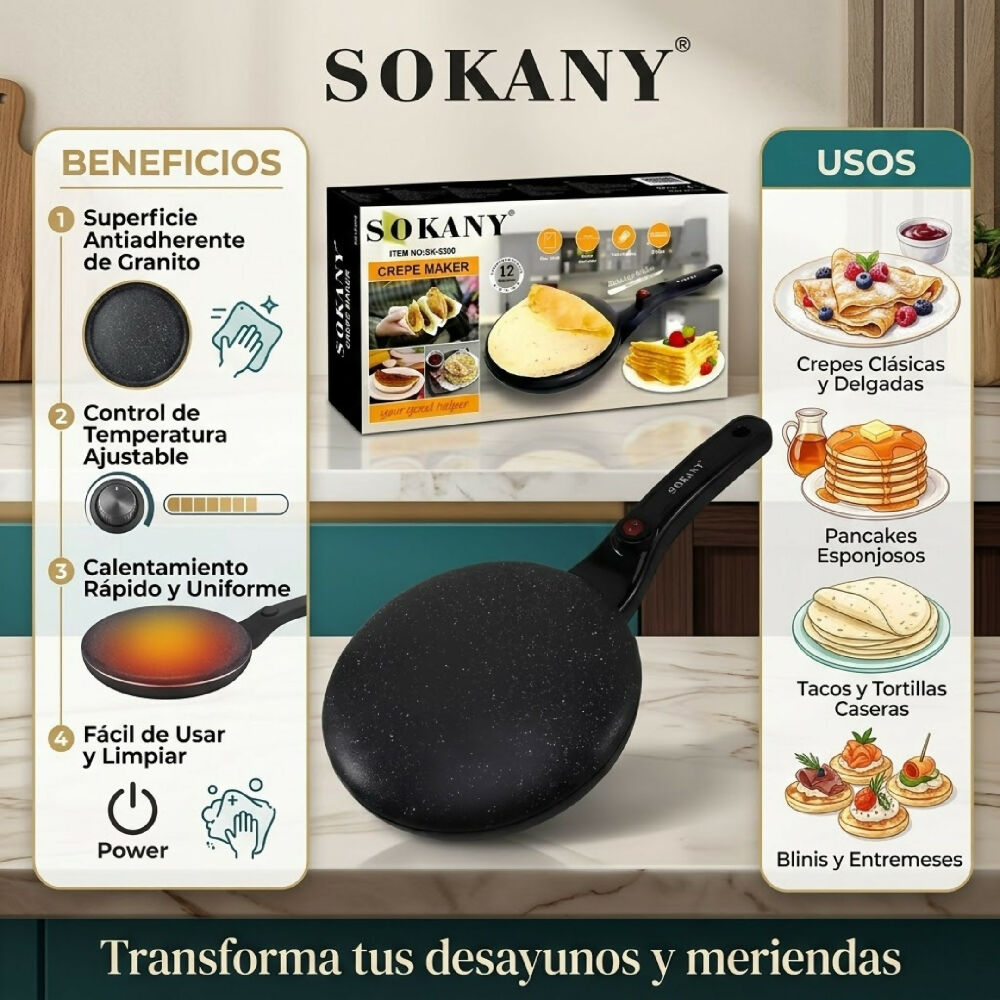 Maquina Crepera Eléctrica Sokany 6208 Antiadherente Y Rápida