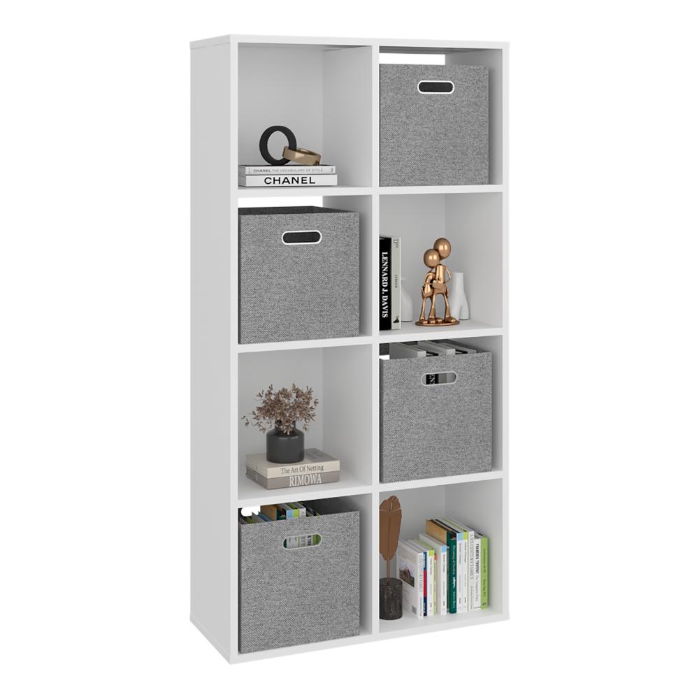 Biblioteca Cubica Lena, Blanco Duqueza, con 4 Cajas de Tela para Organizar Elementos