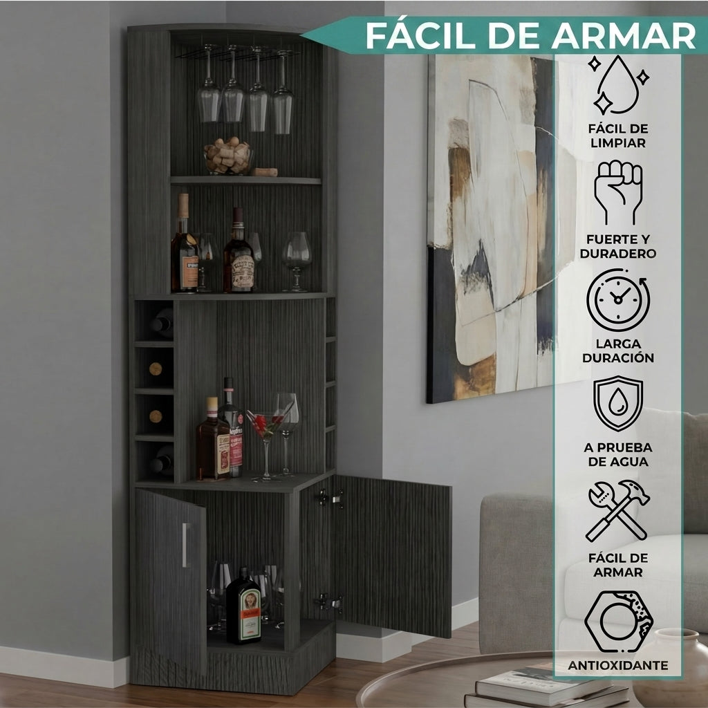 Bar Esquinero Celeste, Gris, con Dos Puertas y Espacio Porta Copas ZF