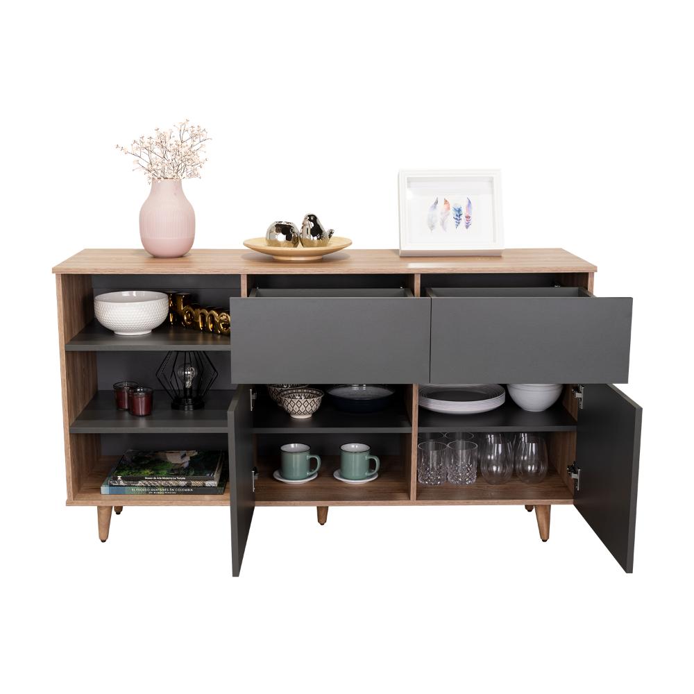 Mesa Auxiliar Nashira, Miel y Plata Oscuro, con Dos Cajones y Dos Puertas Batientes