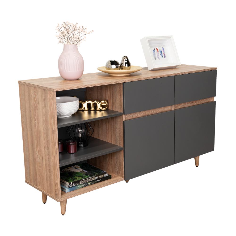 Mesa Auxiliar Nashira, Miel y Plata Oscuro, con Dos Cajones y Dos Puertas Batientes