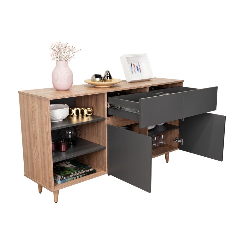 Mesa Auxiliar Nashira, Miel y Plata Oscuro, con Dos Cajones y Dos Puertas Batientes