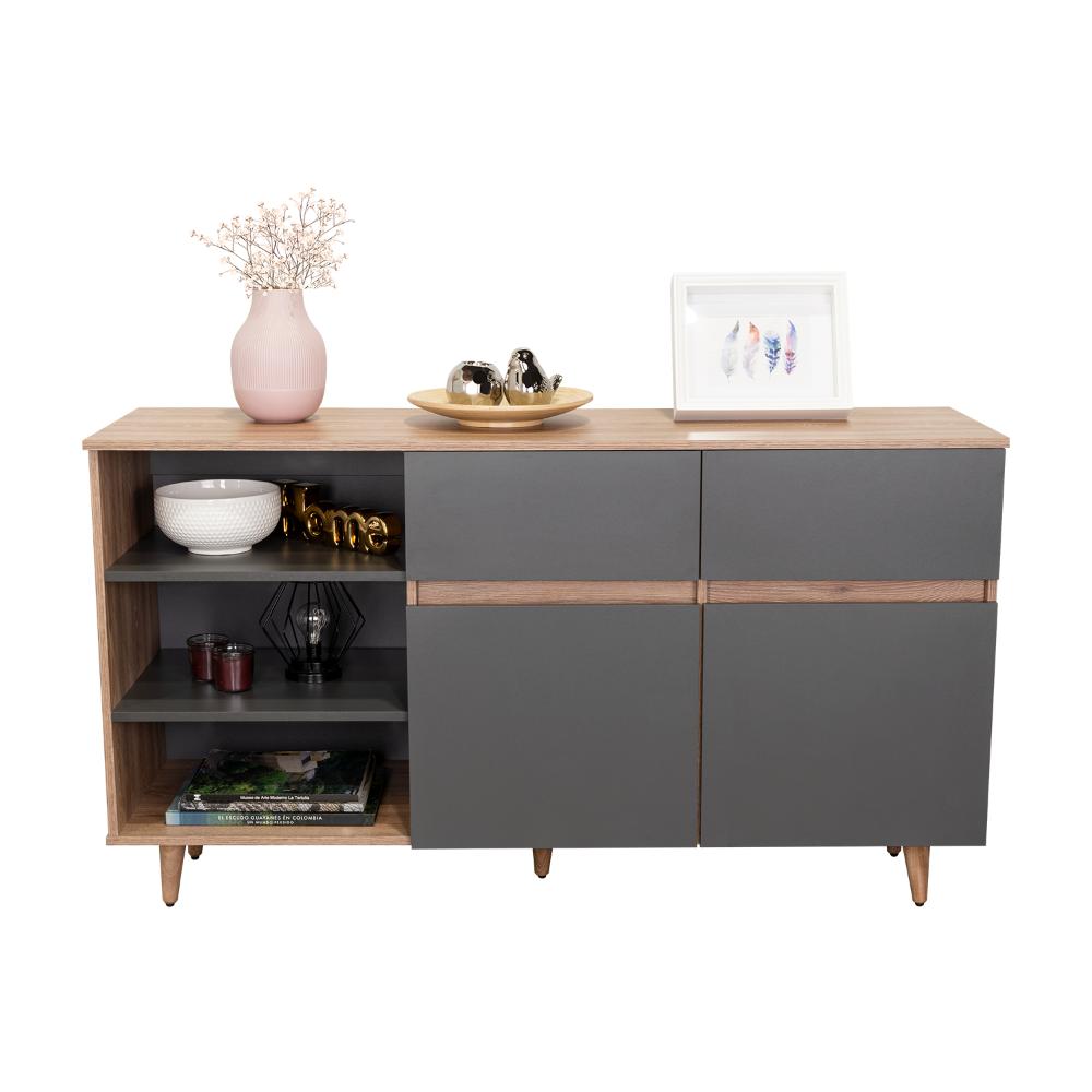 Mesa Auxiliar Nashira, Miel y Plata Oscuro, con Dos Cajones y Dos Puertas Batientes