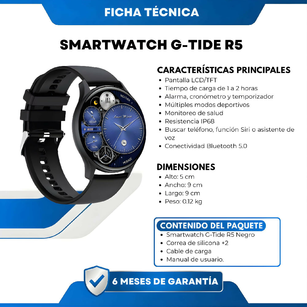 Smartwatch G-Tide R5 Reloj Inteligente Bluetooth Con Llamadas, Monitor De Salud, Frecuencia Cardíaca, SpO2 Y Notificaciones