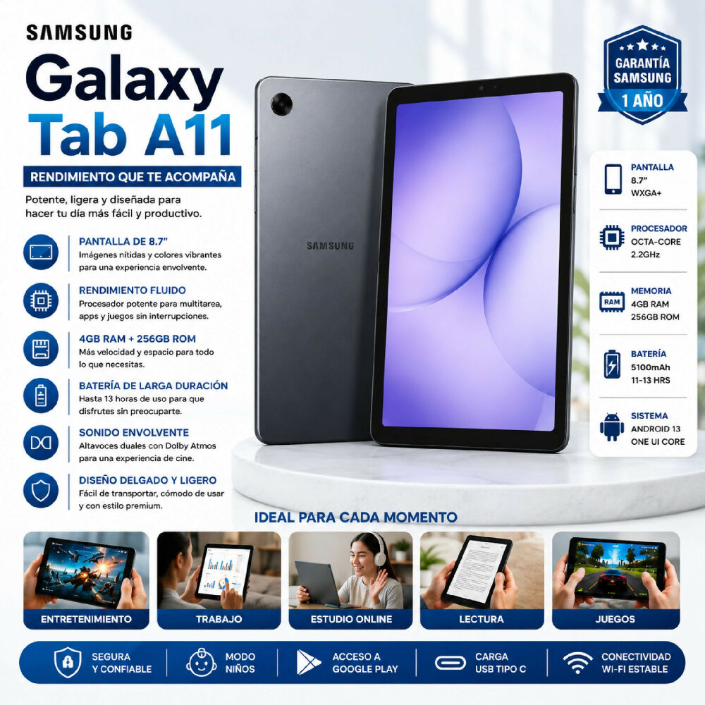 Tablet Samsung Galaxy Tab A11+ Wi-Fi 11 Pulgadas 256GB Almacenamiento 8GB RAM Negro