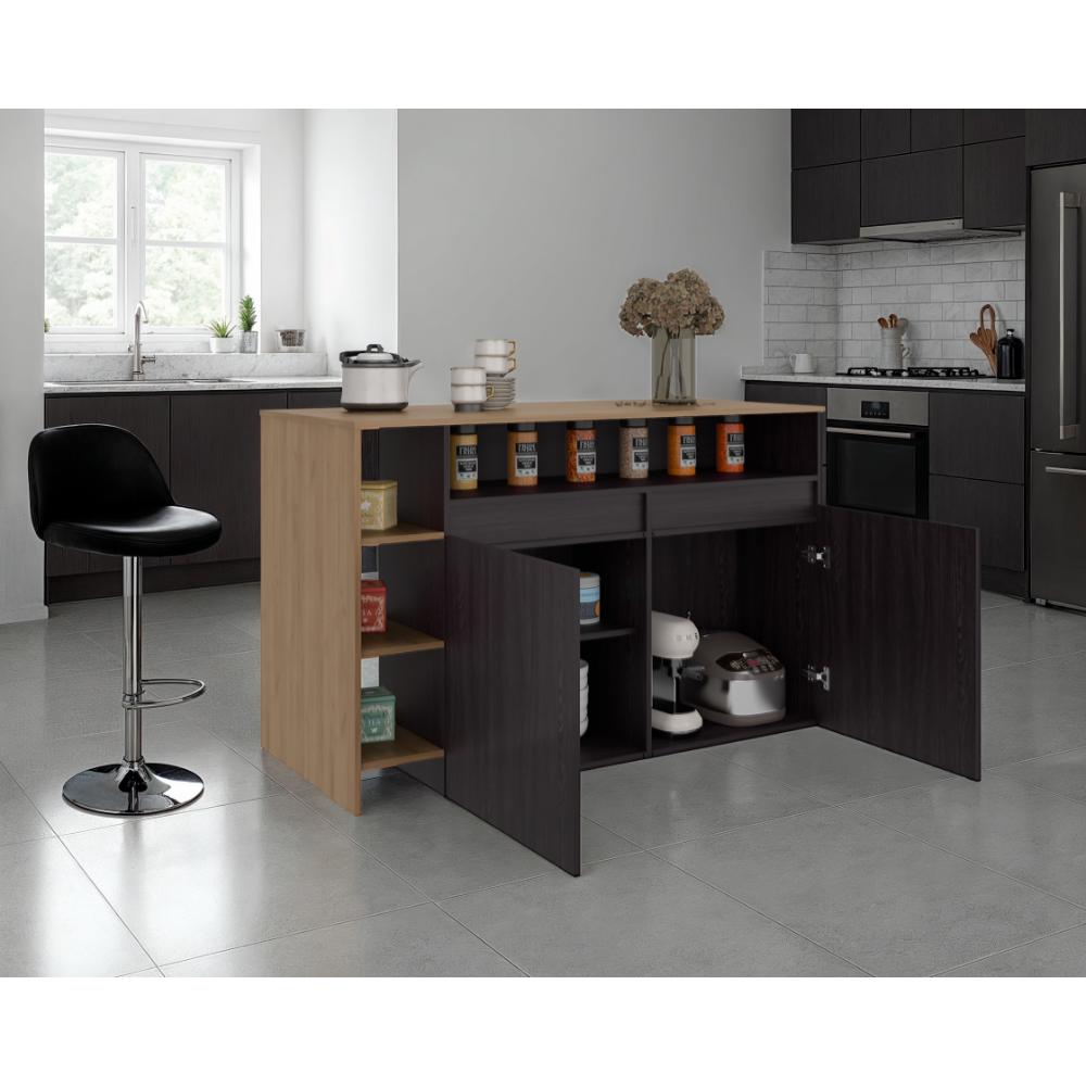 Barra de Cocina Bani, Kronos Wengue y Kronos Fresno, Moderna con entrepaños y puertas ZF