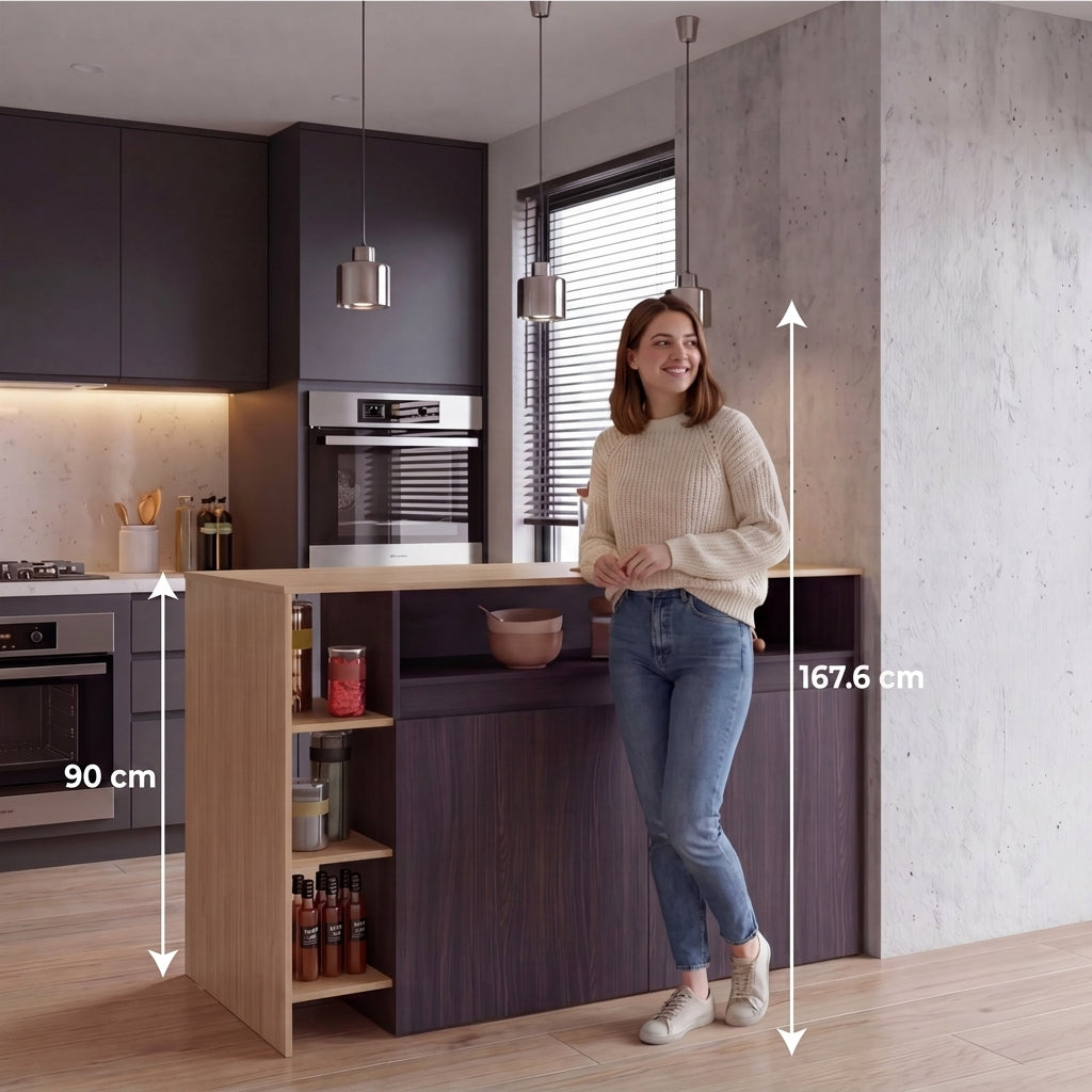Barra de Cocina Bani, Kronos Wengue y Kronos Fresno, Moderna con Entrepaños y Puertas ZF
