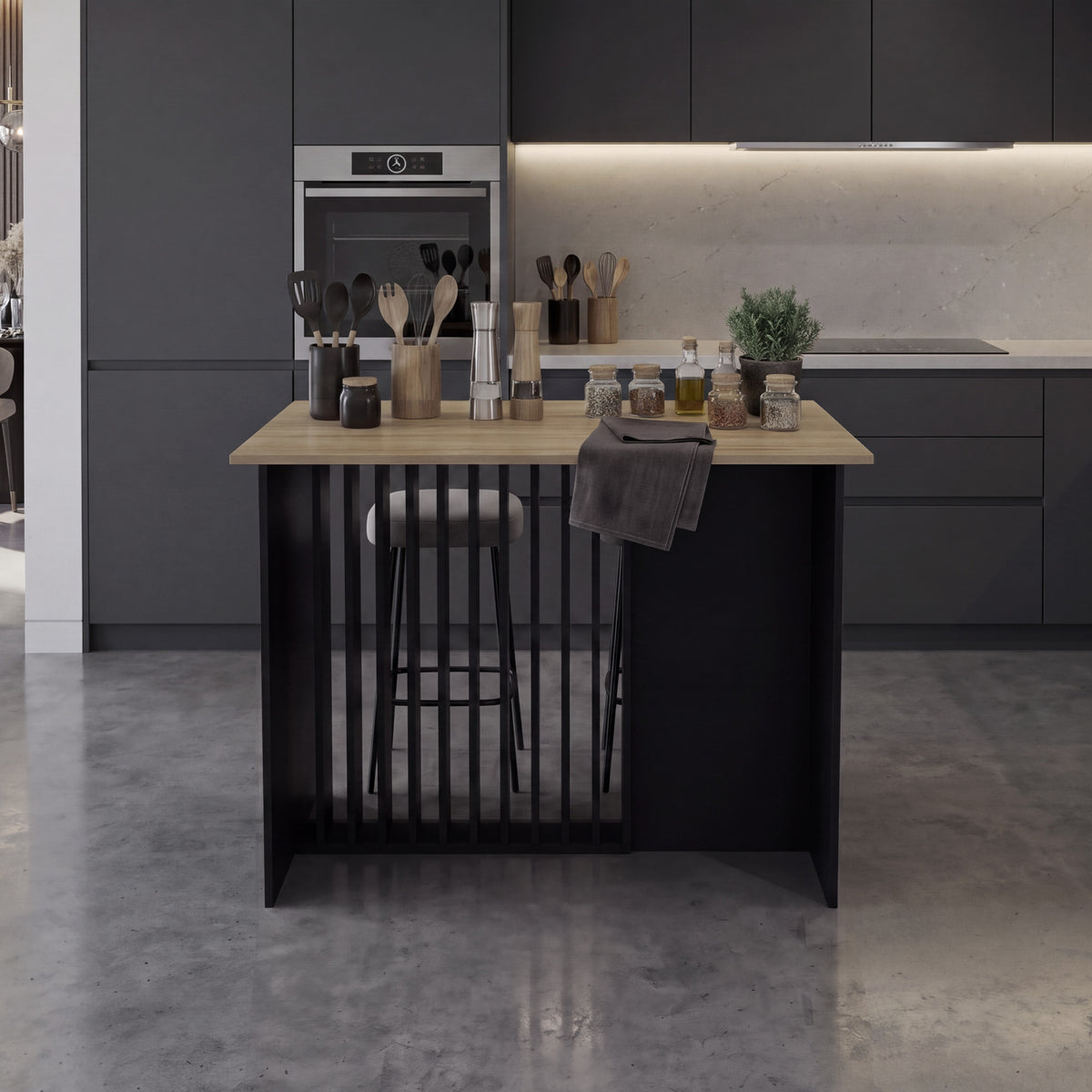 Barra de Cocina Nativa, Color Wengue y Fresno Europeo, con Amplia Superficie en la Mesa
