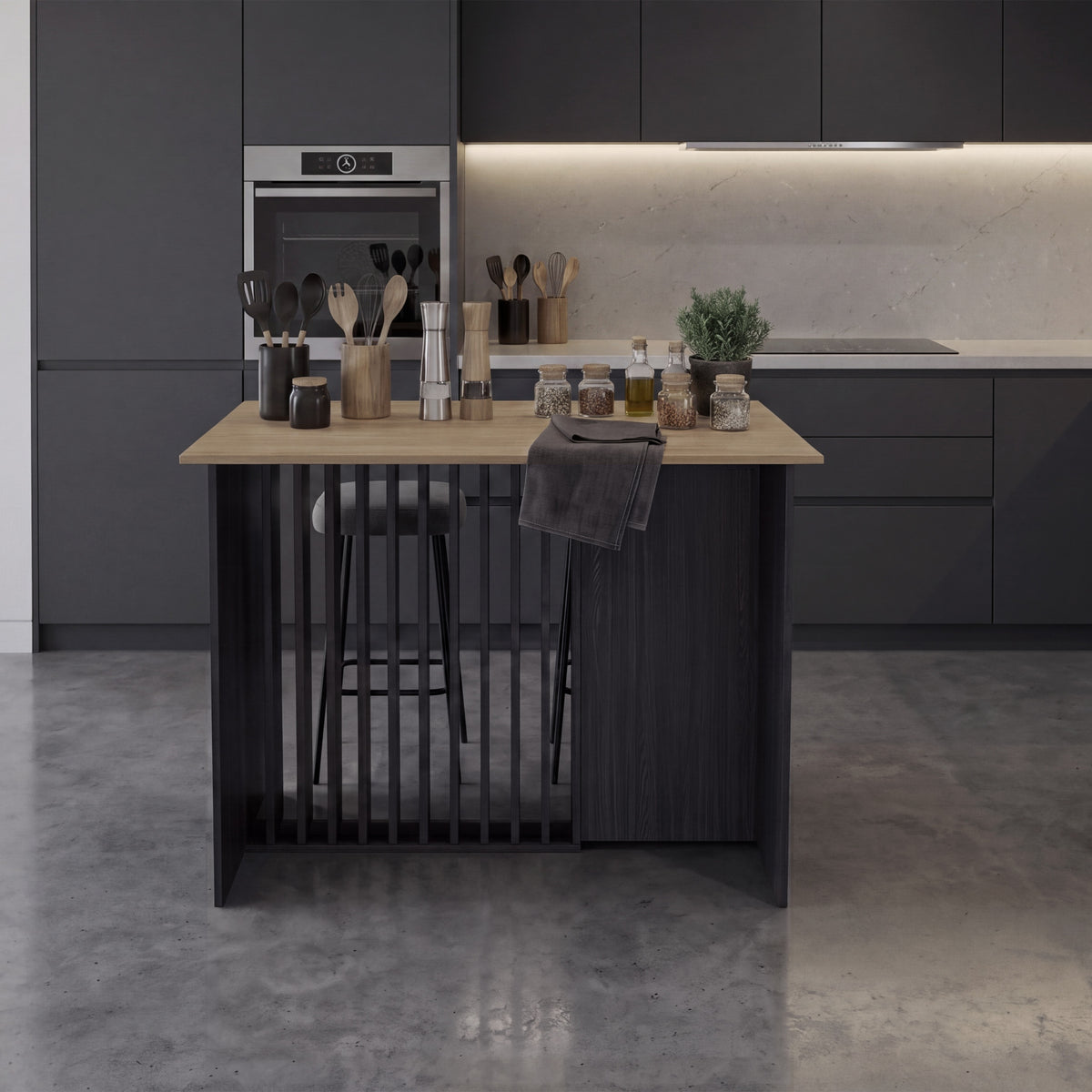 Barra de Cocina Nativa, Color Wengue y Fresno, con Amplia Superficie en la Mesa ZF