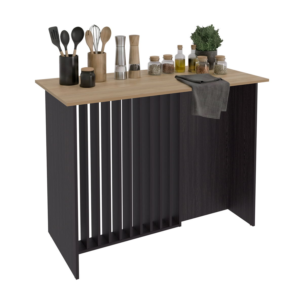Barra de Cocina Nativa, Color Wengue y Fresno, con Amplia Superficie en la Mesa ZF