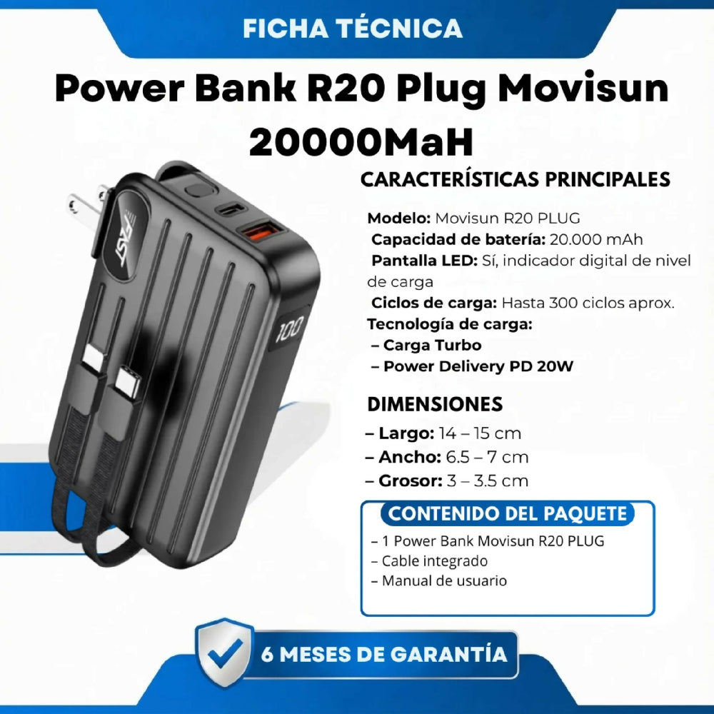 Power Bank R20 Plug Movisun 20000MaH Conector Integrado Y Carga Rápida