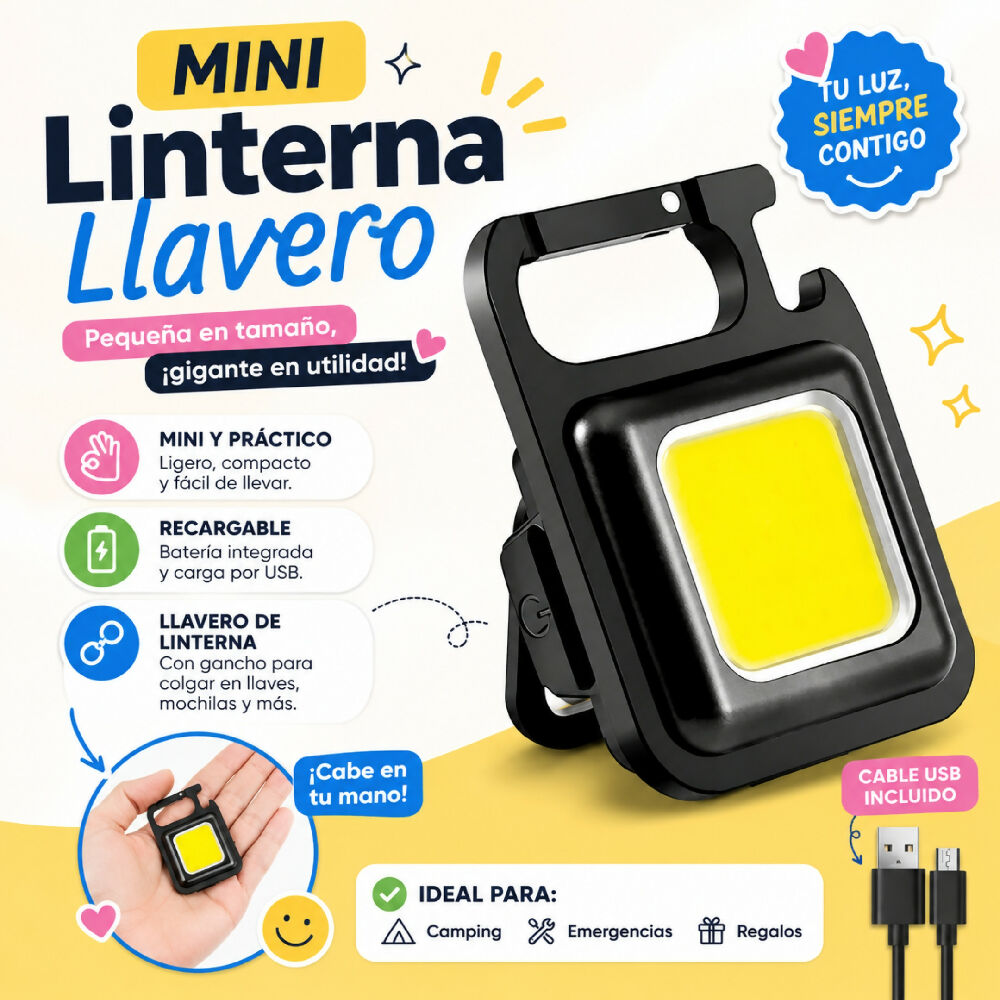Mini Linterna LED Recargable Tipo Llavero Y Gancho Para Camping