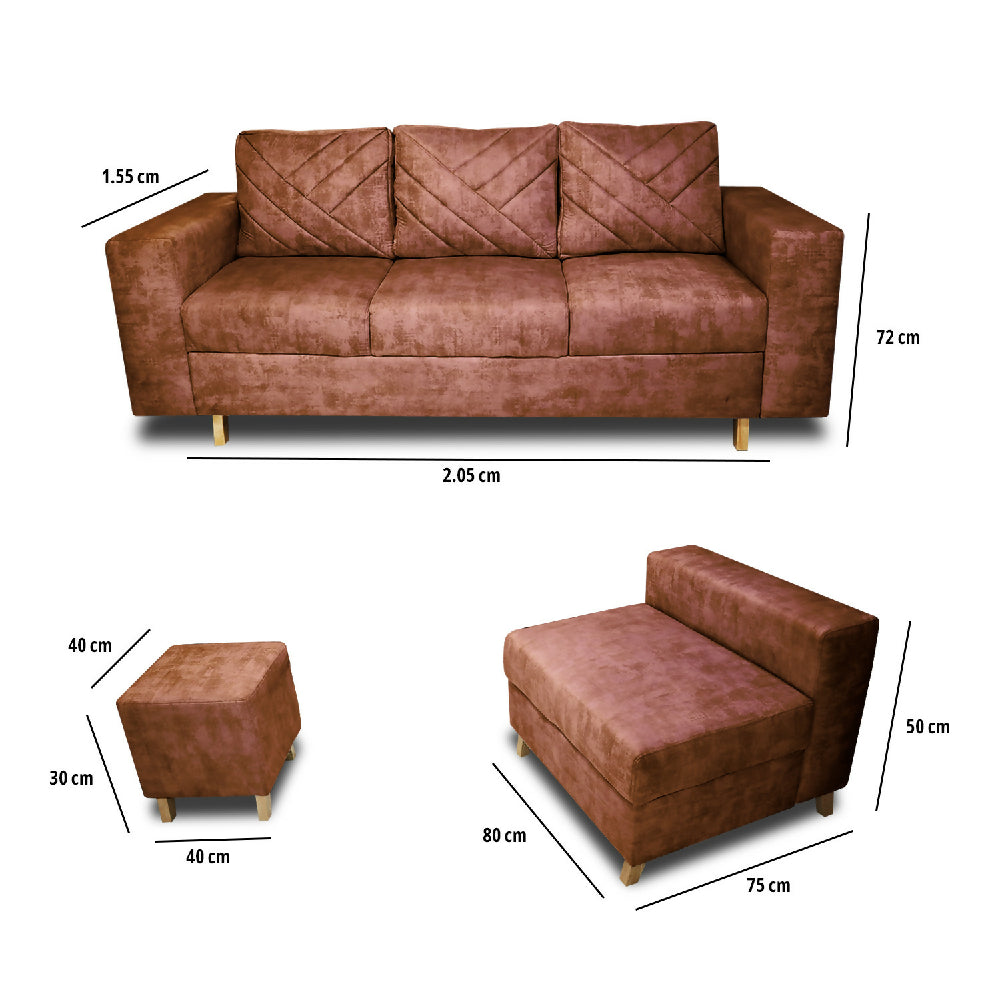 Sala Amsterdam + Silla + Puff en Tela Amiglable Con Mascotas 205X72X155 Cm Camel