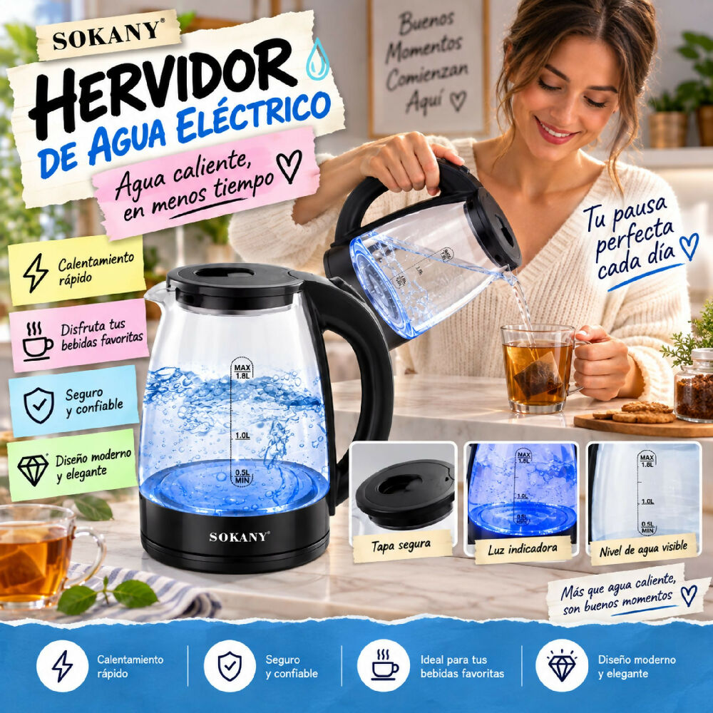Hervidor De Agua Eléctrico De Vidrio Sokany 2L SK-09047 Ebullición Rápida Y Diseño Transparente