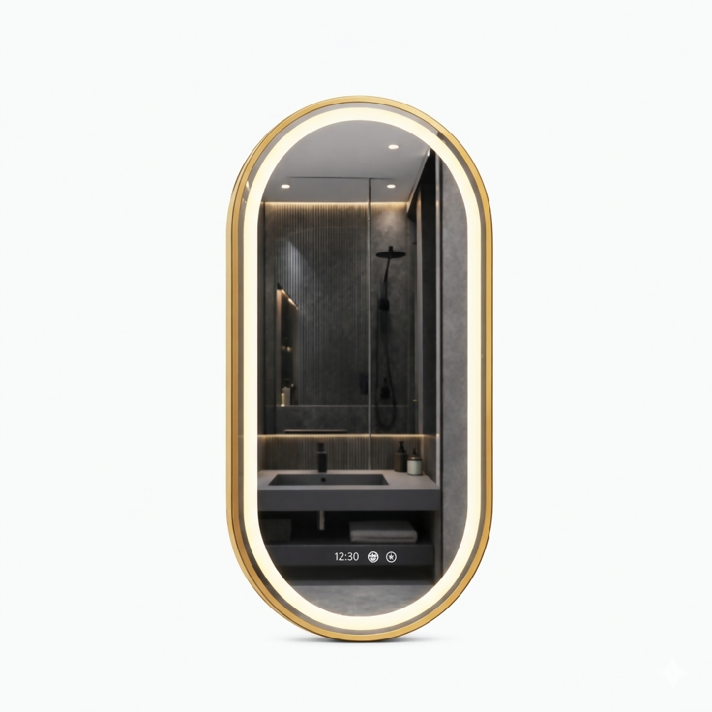 Espejo LED ovalado 100x55 con sistema antiempañante y elegante marco dorado