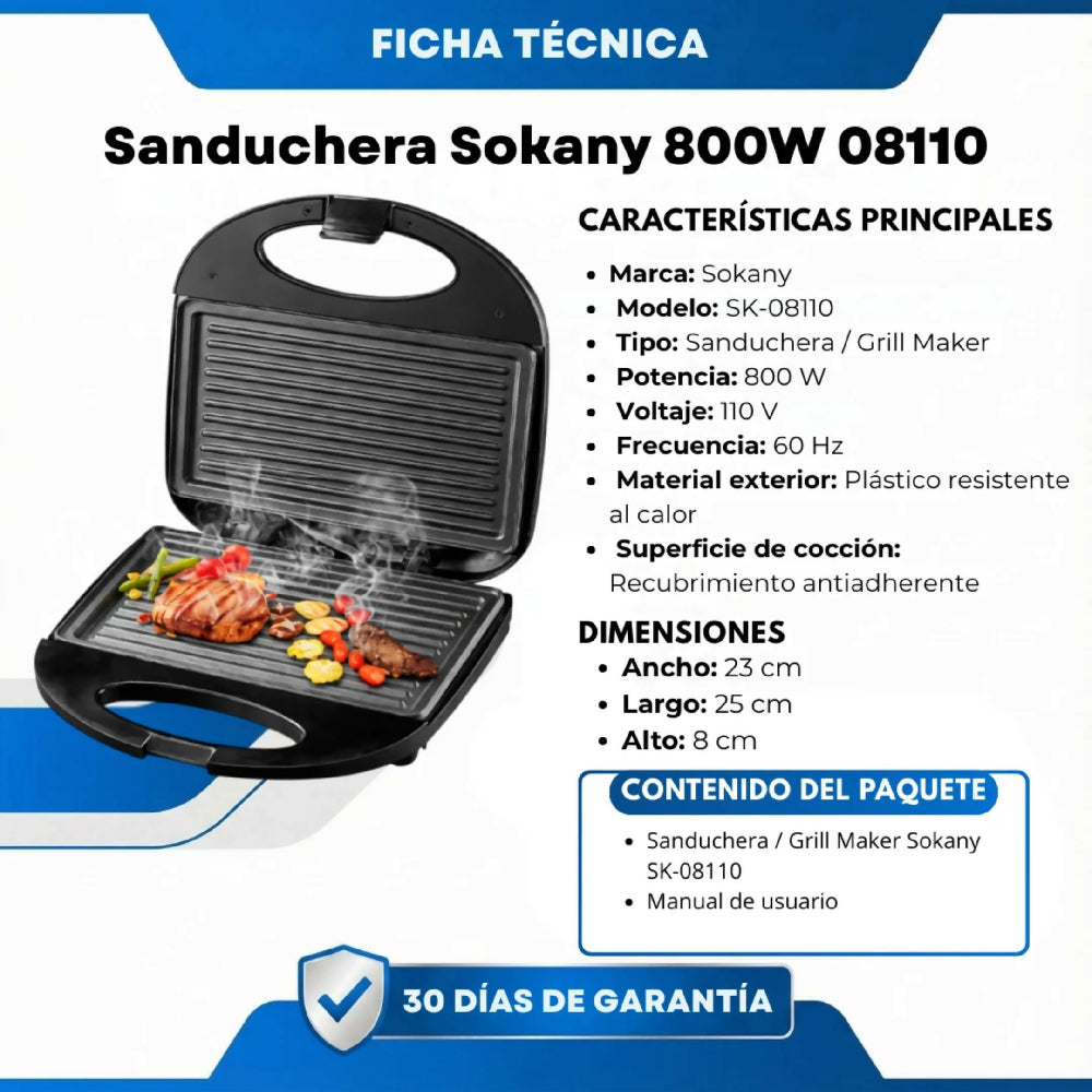 Sanduchera Sokany SK-08110 De 800W Con Placas Antiadherentes