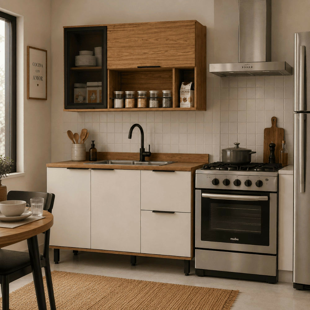 Cocina 120 cm Malta 3 Puertas 2 Cajones - Natural/Blanco Apagado